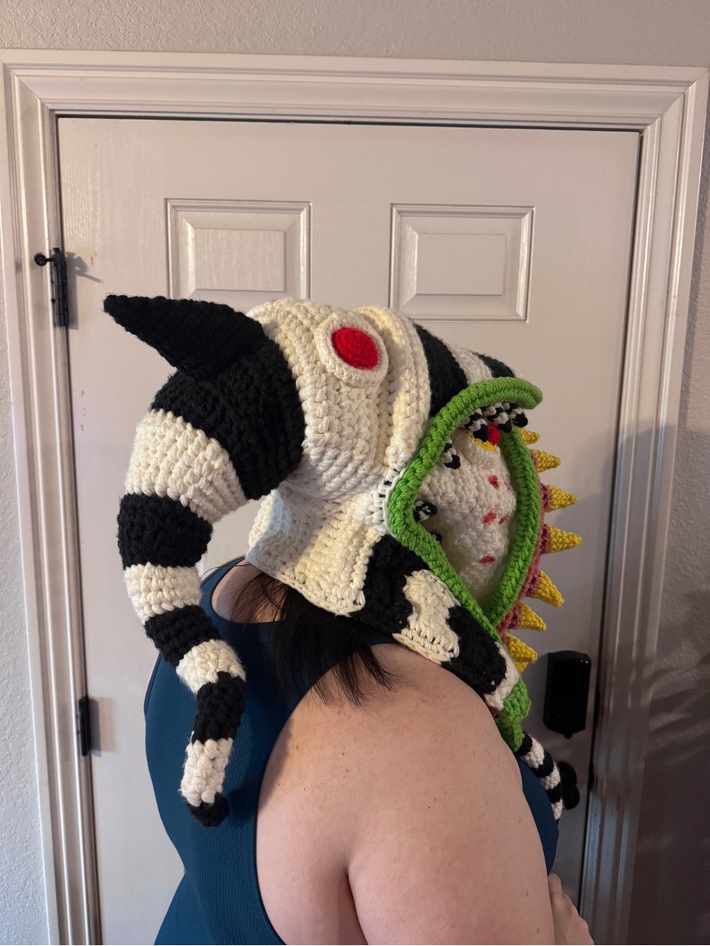 Handmade Black & White Striped Sandworm Crochet Hood - Picture 2 of 5